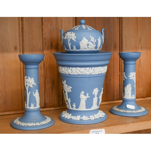 34 - Wedgwood pale blue jasper vase with rose, 17 cm to/w pair of similar candlesticks and a sugar basin ... 