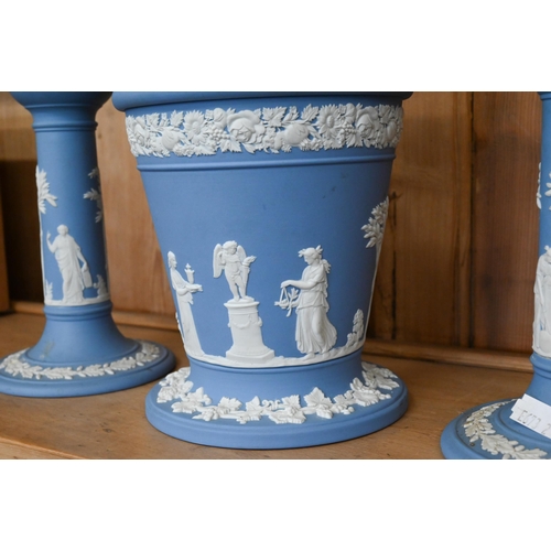 34 - Wedgwood pale blue jasper vase with rose, 17 cm to/w pair of similar candlesticks and a sugar basin ... 