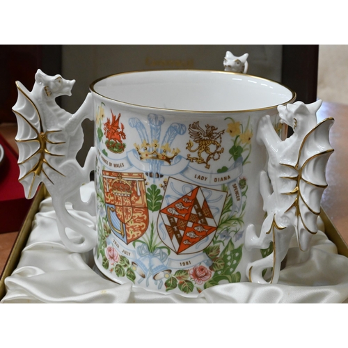 42 - Boxed Caverswall china Royal Commemorative three-handled loving cup to/w an unboxed example for West... 