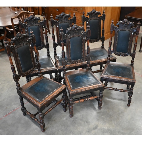 457 - Six late Victorian Gothic Revival carved oak dining chairs a/f