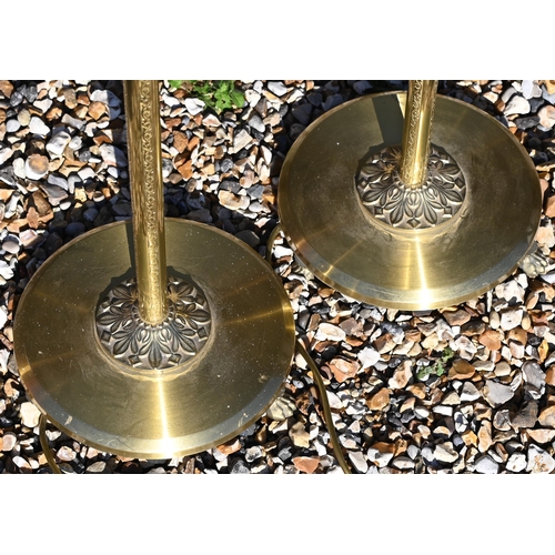 458 - A polished copper and brass adjustable standard lamp (converted from oil) to/w pair of chased and em... 