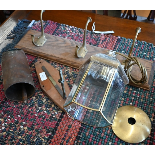 462 - An oak framed Royal Artillery fire screen with armorial tapestry panel (glazed) to/w three brass dou... 