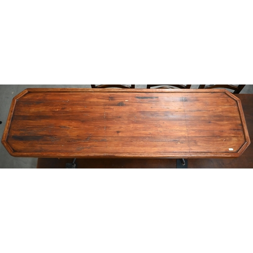 467 - A bespoke narrow coffee table with stained hardwood top and wrought metal base, 140 cm x 43 cm deep ... 