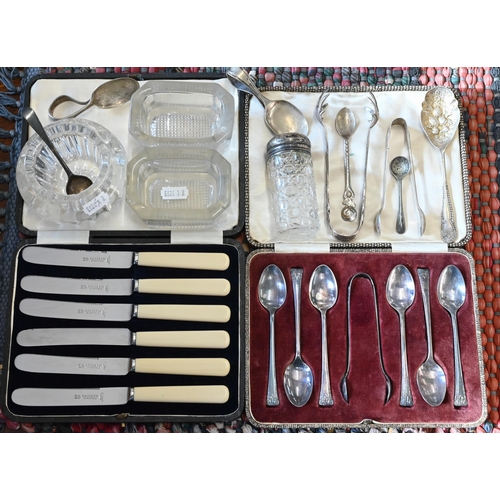 64 - Silver-topped toilet jar and salt spoon, to/w various ep wares, tea knives with ivorine handles etc