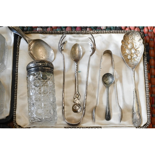 64 - Silver-topped toilet jar and salt spoon, to/w various ep wares, tea knives with ivorine handles etc