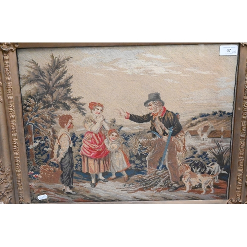 67 - #A 19th century needlepoint picture, farmer sending away a needy family, 38 x 48 cm in glazed gilt f... 