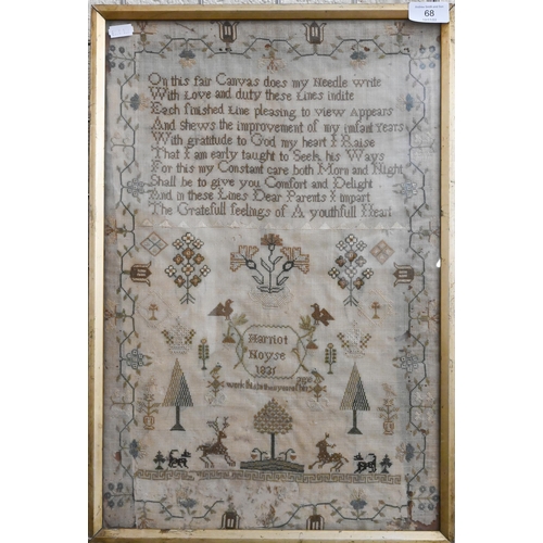 68 - William IV cross stitch sampler, worked with spiritual verse, shrubbery, flora and fauna and crowns ... 