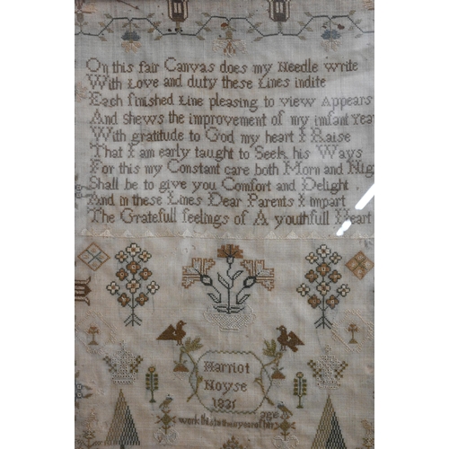 68 - William IV cross stitch sampler, worked with spiritual verse, shrubbery, flora and fauna and crowns ... 