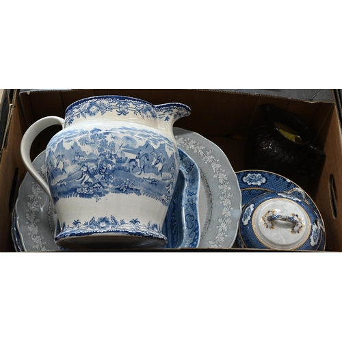 7 - A large early 19th century blue and white ale jug, printed with Tiger hunt to/w a quantity of 19th c... 