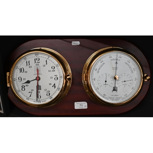 73 - Marine clock and aneroid barometer in brass drum cases, mounted on teak plaque, 45 cm wide overall t... 