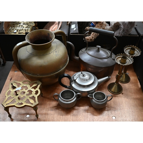 79 - Antique Indian copper globular vessel with twin handles, 24 cm diam to/w a copper kettle, pair of br... 