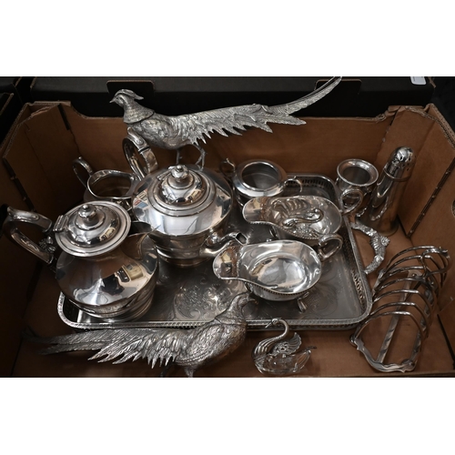 80 - Art deco style epbm 4-piece tea service, pair of pheasant table ornaments, two 'swan' salts with sil... 