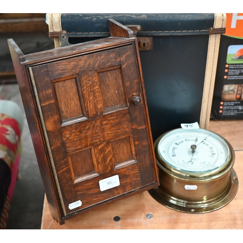 95 - A small oak-panelled wall-mounting medicine cabinet 35 x 21 cm to/w a brass-cased ship's bulkhead an... 