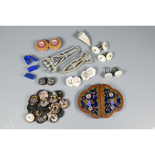 206 - A cloisonné enamel buckle, twenty-three flower decorated buttons, dress-clips, cufflinks etc