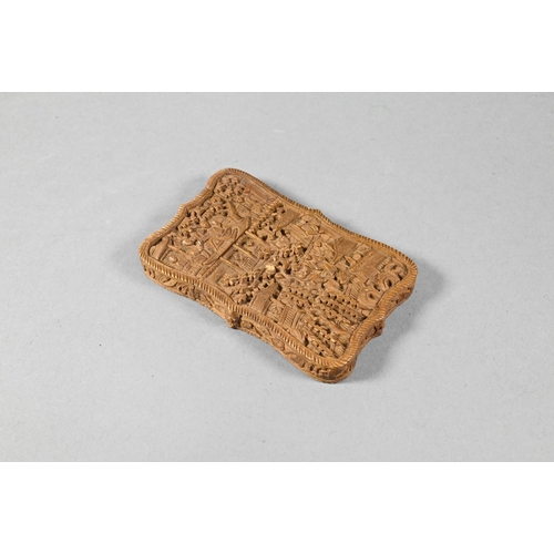 408 - A 19th century Chinese Canton sandalwood card case profusely carved with a village scene, dwellings ... 