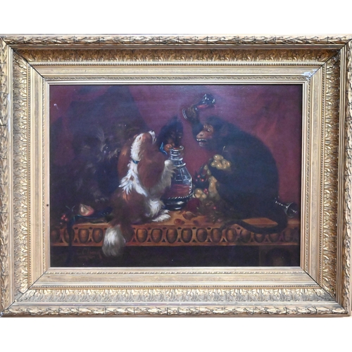 695 - Continental school - Monkey and dogs on dining table, oil on canvas, indistinctly signed lower left,... 