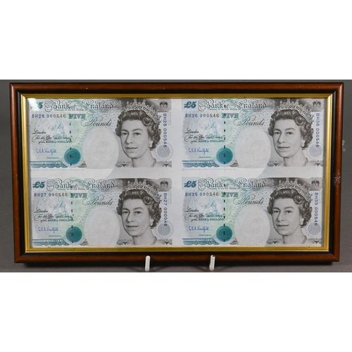 1143 - A framed block of four five pound notes, series E (1990-2002), all numbered BH36000546 to/w a framed... 