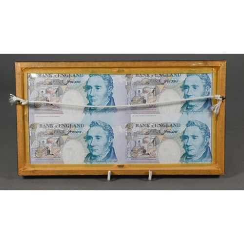 1143 - A framed block of four five pound notes, series E (1990-2002), all numbered BH36000546 to/w a framed... 