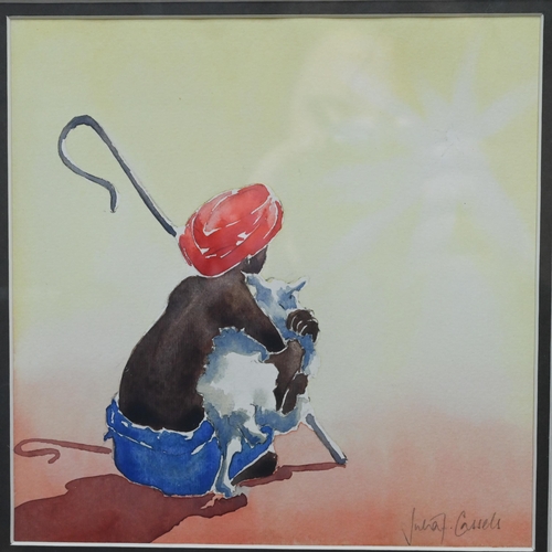 789 - Julia Cassels - Shepherd holding a sheep sitting down in a desert, watercolour, signed lower right, ... 