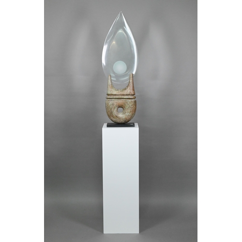 1307 - Peter Hayes (b.1946), large glass 'teardrop' blade with frosted concave roundel, supported by a notc... 