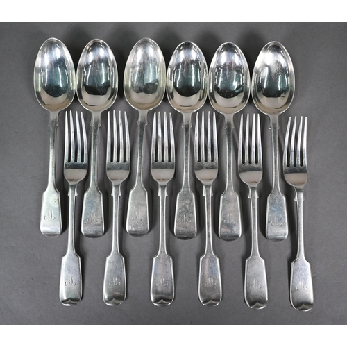 106 - Set of six each Edwardian silver fiddle pattern dessert spoons and forks, Josiah Williams & Co, ... 