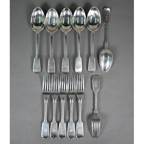 106 - Set of six each Edwardian silver fiddle pattern dessert spoons and forks, Josiah Williams & Co, ... 