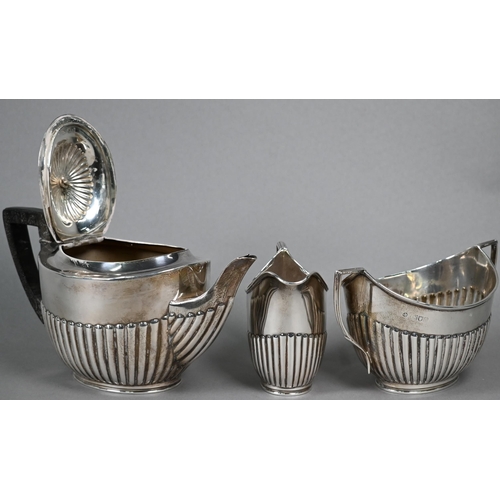 121 - Late Victorian silver oval half-reeded tea pot with ebonised handle, William Hutton & Son, Londo... 