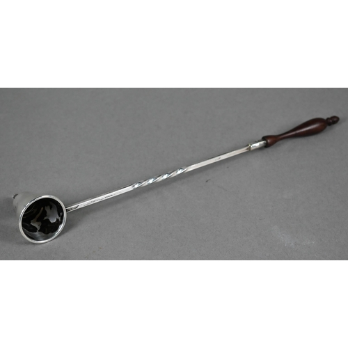 122 - Cartier Sterling snuffer with pineapple finial and twist stem, on turned wood handle, 27cm long