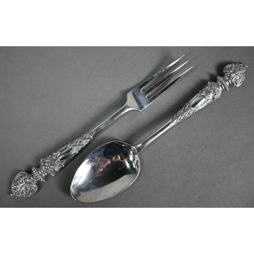 128 - Victorian silver Christening spoon and fork with fine quality cast and chased handles, Martin, Hall ... 