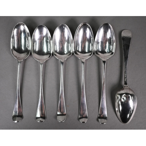 130 - Matched set of six mid-18th Century silver Hanoverian pattern tablespoons - various makers and dates... 