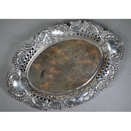 142 - Victorian silver and tortoiseshell oval pin-tray with pierced and embossed rim, J. Batson & Son,... 