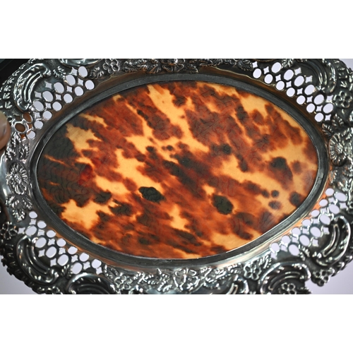 142 - Victorian silver and tortoiseshell oval pin-tray with pierced and embossed rim, J. Batson & Son,... 