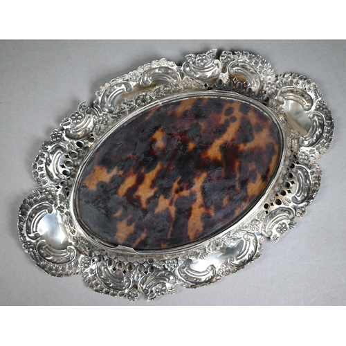 142 - Victorian silver and tortoiseshell oval pin-tray with pierced and embossed rim, J. Batson & Son,... 