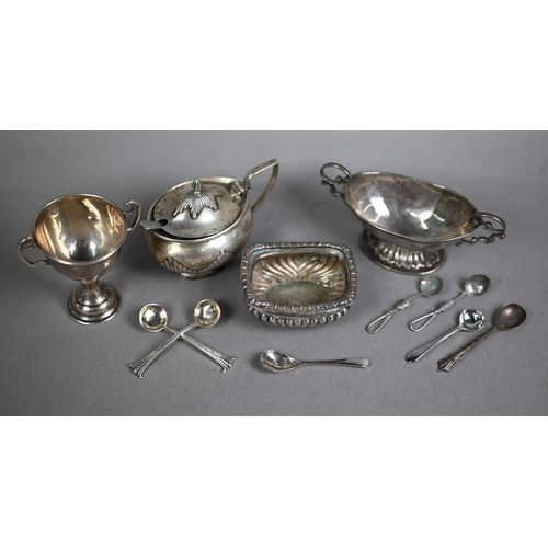 147 - Oval silver mustard, navette open salt with two scroll handles, half-reeded open salt, small trophy ... 