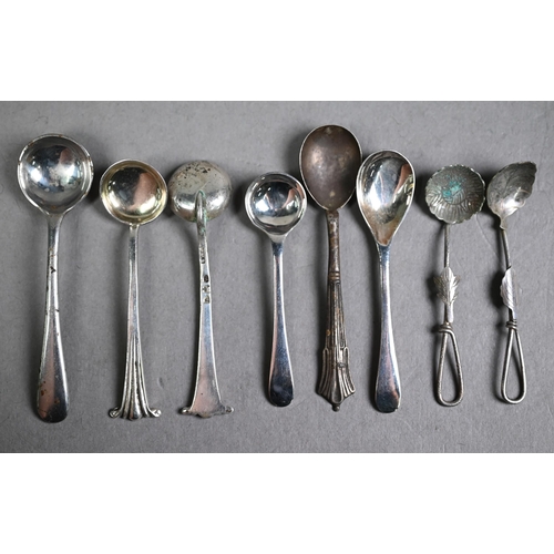 147 - Oval silver mustard, navette open salt with two scroll handles, half-reeded open salt, small trophy ... 