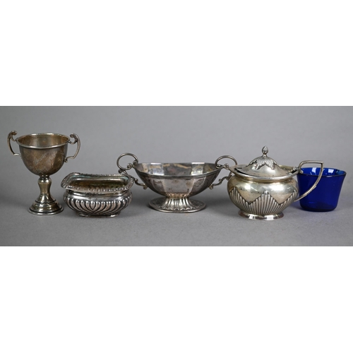 147 - Oval silver mustard, navette open salt with two scroll handles, half-reeded open salt, small trophy ... 