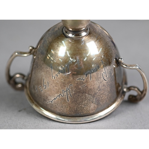 147 - Oval silver mustard, navette open salt with two scroll handles, half-reeded open salt, small trophy ... 