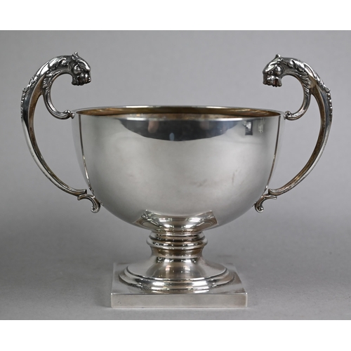 153 - Silver trophy cup with twin leopards' head scrolling handles and engraved with the City of Wincheste... 