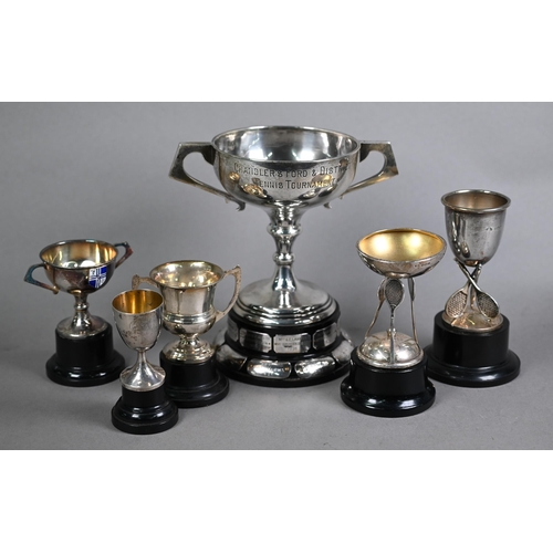 154 - Silver two-handled trophy cup on plinth mounted with plaques, to/w two small tennis trophies another... 