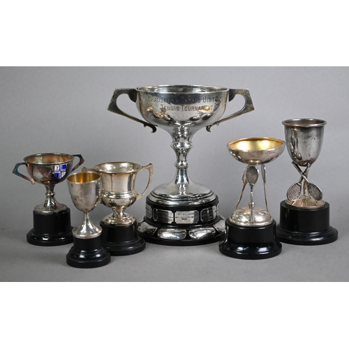 154 - Silver two-handled trophy cup on plinth mounted with plaques, to/w two small tennis trophies another... 