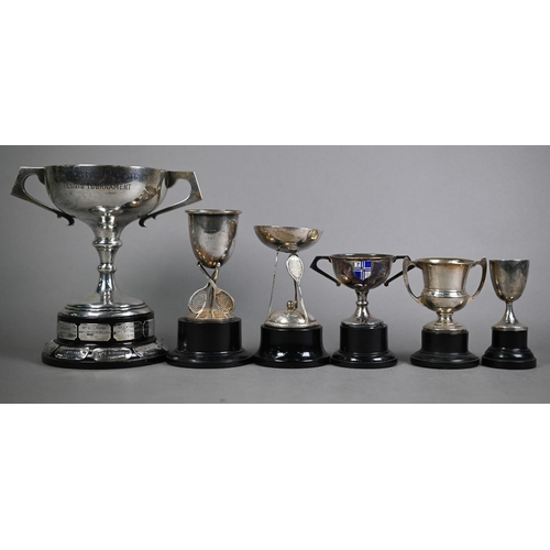 154 - Silver two-handled trophy cup on plinth mounted with plaques, to/w two small tennis trophies another... 