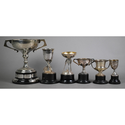 154 - Silver two-handled trophy cup on plinth mounted with plaques, to/w two small tennis trophies another... 