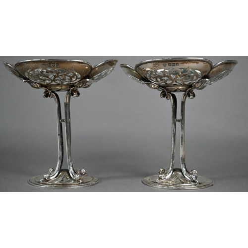 158 - Pair of silver comports with pierced quatrefoil top raised on Art Nouveau organic four-pillar stem a... 