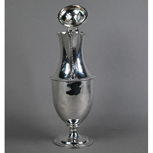 165 - Unmarked white metal baluster hot water jug with hinged cover and stemmed foot, with beaded rims; th... 