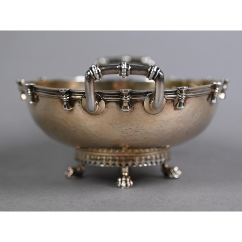 166 - Arts & Crafts planished silver gilt bowl with twin handles, on four claw feet, Wakeley & Whe... 