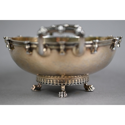 166 - Arts & Crafts planished silver gilt bowl with twin handles, on four claw feet, Wakeley & Whe... 