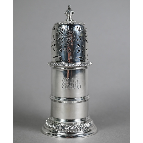 169 - Heavy quality silver cylindrical sugar caster in the 17th Century manner, with domed top and gadroon... 