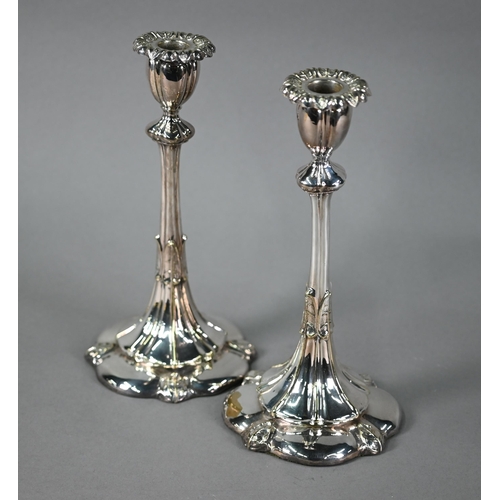 17 - Pair of US plated on copper baluster candlesticks in the Art Nouveau taste with stylised foliate dec... 