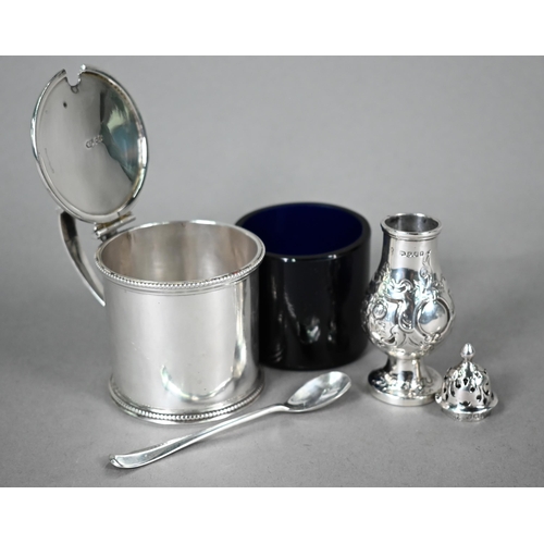 174 - Victorian silver drum mustard with hinged lid and blue glass liner, William Evans, London 1972, to/w... 