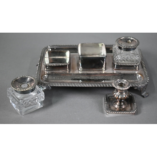 18 - 19th Century plated on copper inkstand with gadrooned rim and two pen-troughs, fitted with nib-box e... 